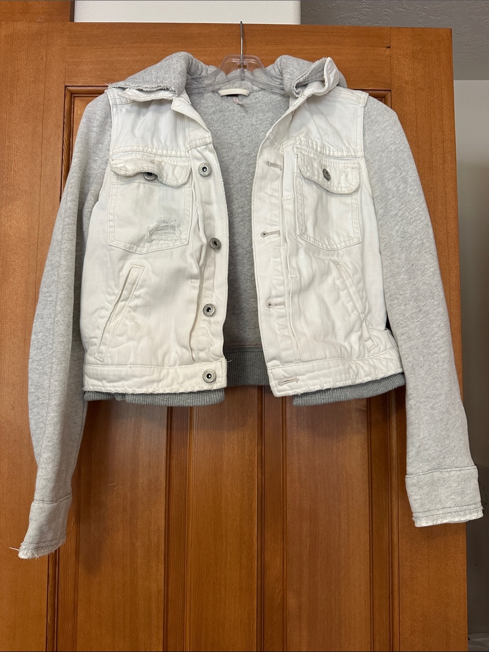 Free People White Denim Jacket with Heather Gray Hoodie Sleeves size XS